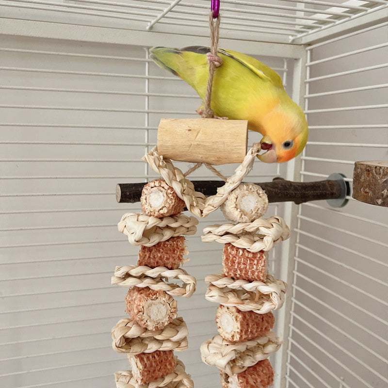 Medium and large parrot grinding mouth toy with braided rope and wooden blocks in a cage on Tampa Home & Garden Store