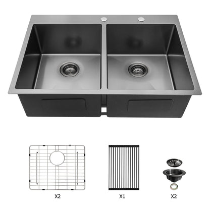 Double Bowl Drop in Kitchen Sink Gunmetal Black