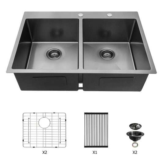 HouseOfZazla dual-bowl drop-in sink gunmetal black 16-ga stainless 33x22 in, 2x10 basins on Tampa Home & Garden Store