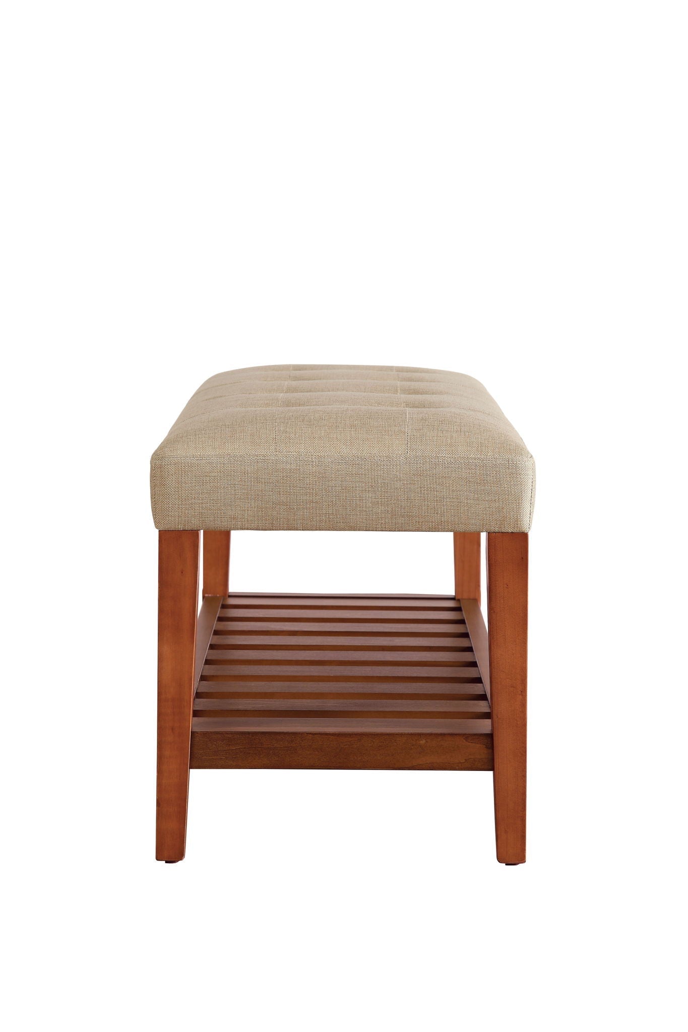 Charla Upholstered Bench beige with wood legs and slatted shelf on Tampa Home & Garden Store