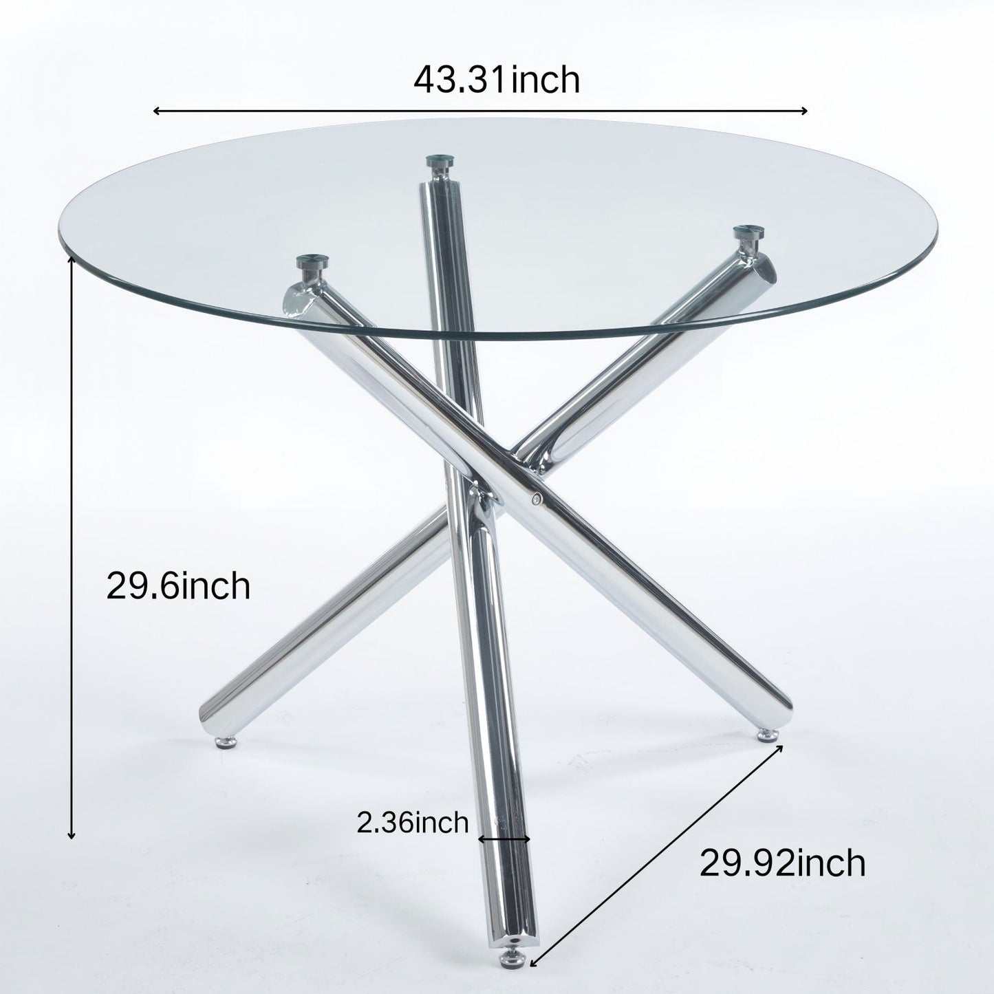 Dining Table round glass top with chrome X-frame legs, 43.31 in diameter on Tampa Home & Garden Store
