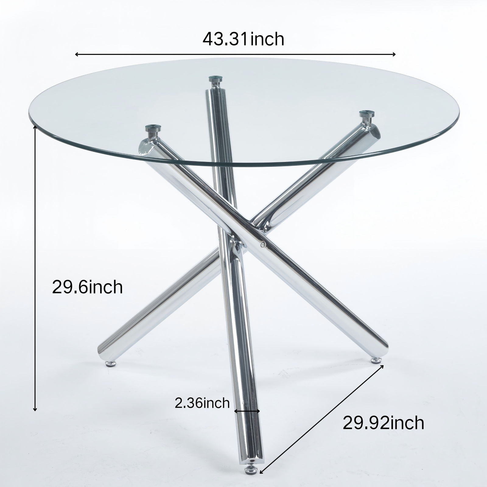 Dining Table round glass top with chrome X-frame legs, 43.31 in diameter on Tampa Home & Garden Store