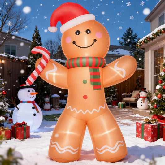 HouseOfZazla Outdoor Inflatable Gingerbread Man with Candy Cane, Santa hat yard decor on Tampa Home & Garden Store