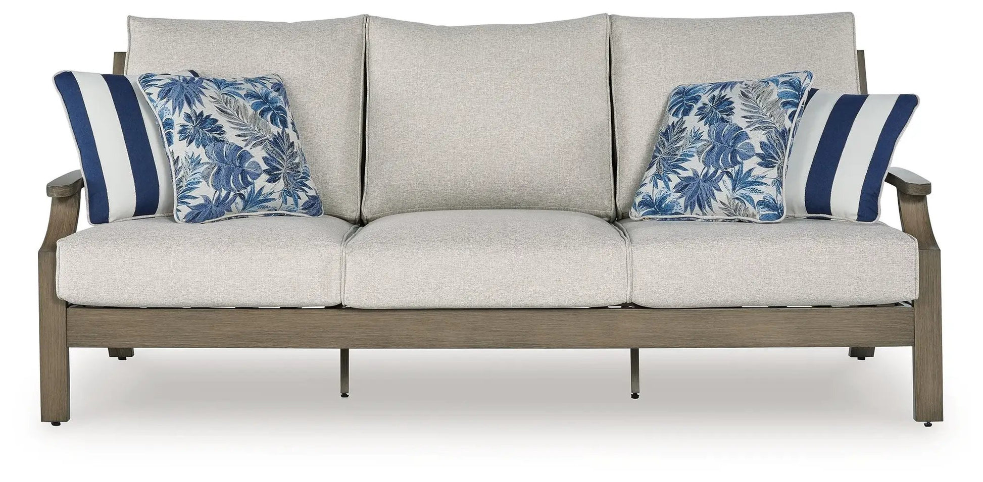 Rainier Ranch sofa beige cushions blue palm pillows wood frame Unique Piece Furniture on Tampa Home & Garden Store
