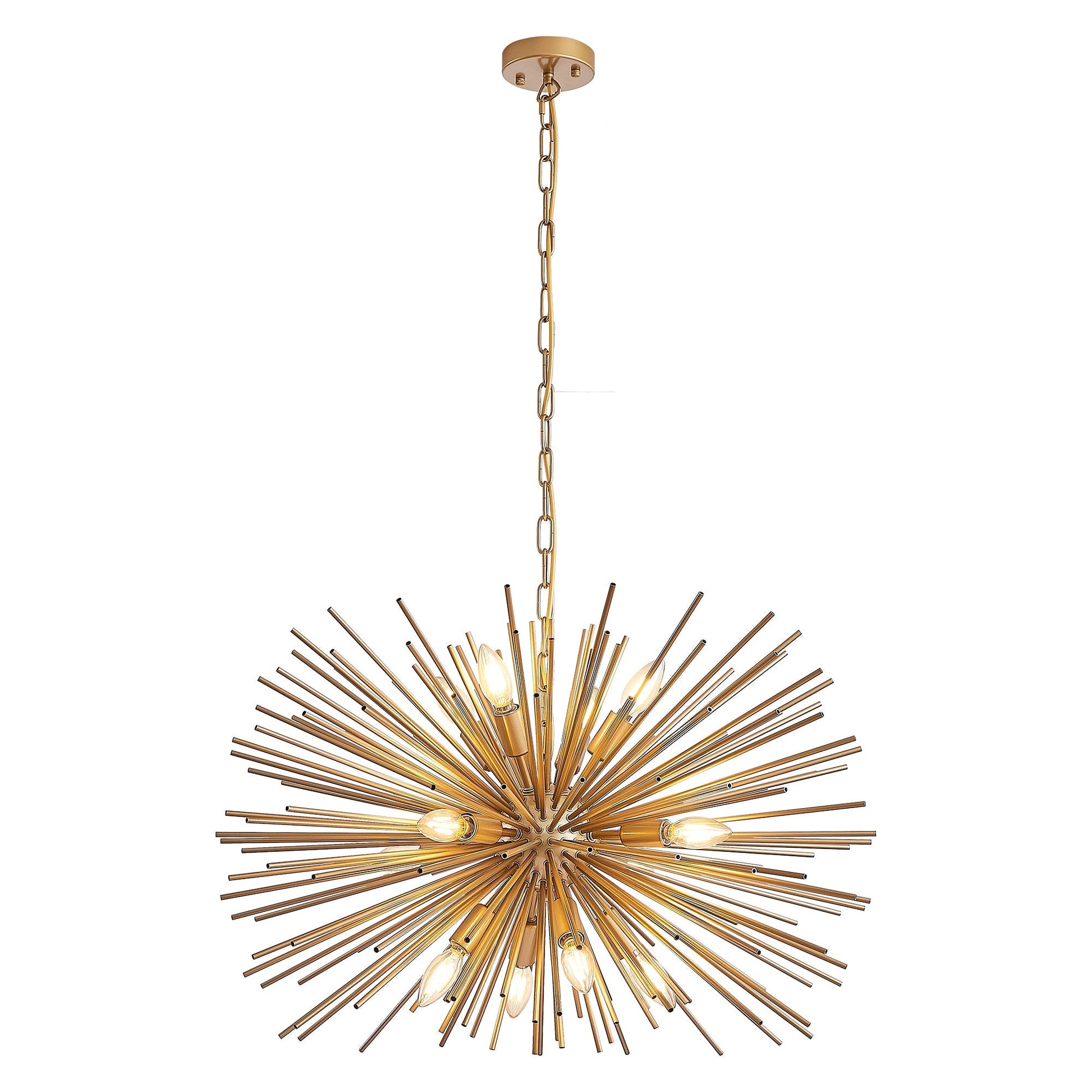29-inch Mid-Century Modern 12-Light Starburst Chandelier with brass finish hanging from a chain on Tampa Home & Garden Store