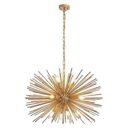 29-inch Mid-Century Modern 12-Light Starburst Chandelier with brass finish hanging from a chain on Tampa Home & Garden Store