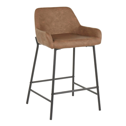 Industrial fixed-height counter stool set with brown upholstered seat and black legs on Tampa Home & Garden Store