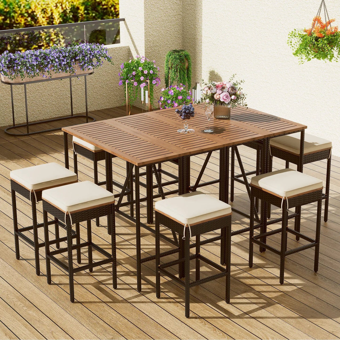 Outdoor acacia wood bar-height table with eight cushioned stools by Unique Piece Furniture on Tampa Home & Garden Store