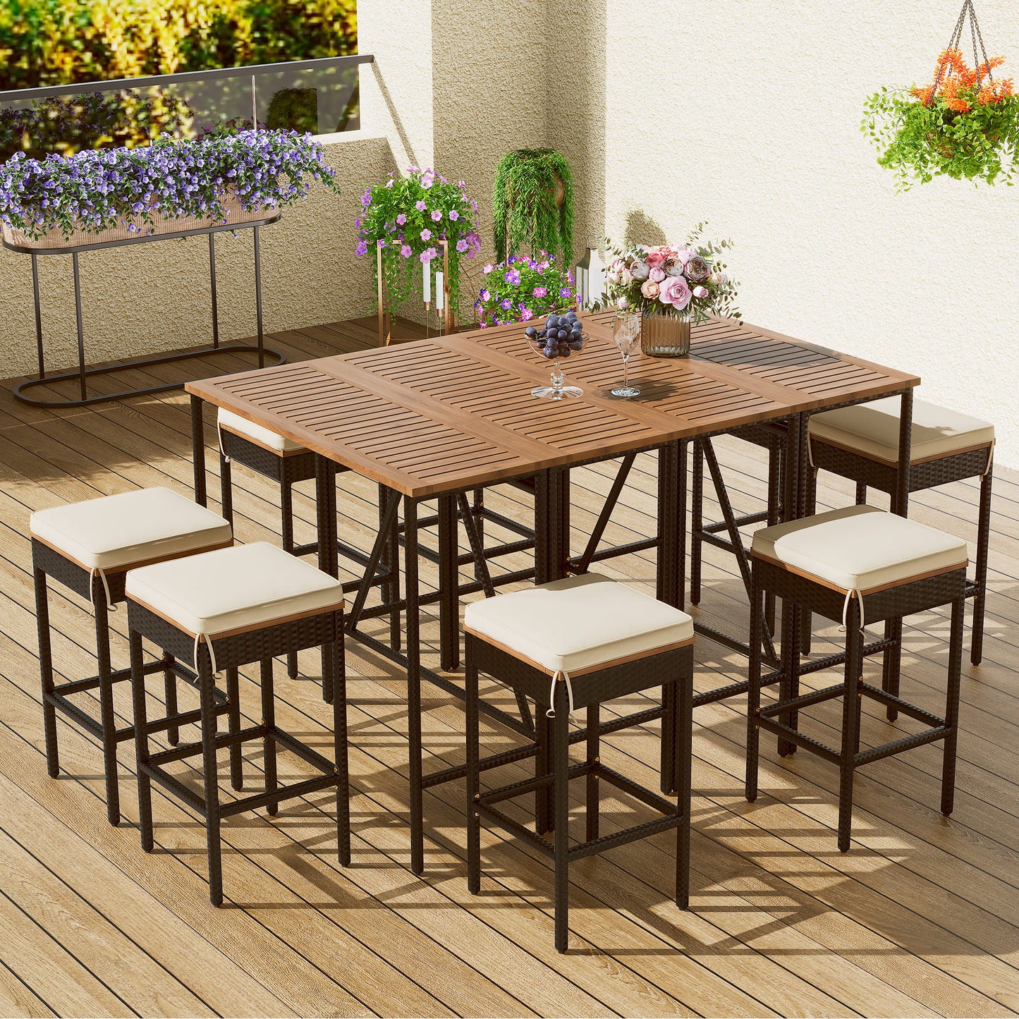Outdoor Acacia Wood Bar Height Table and Eight Cushioned Beige Stools by HouseOfZazla on Tampa Home & Garden Store