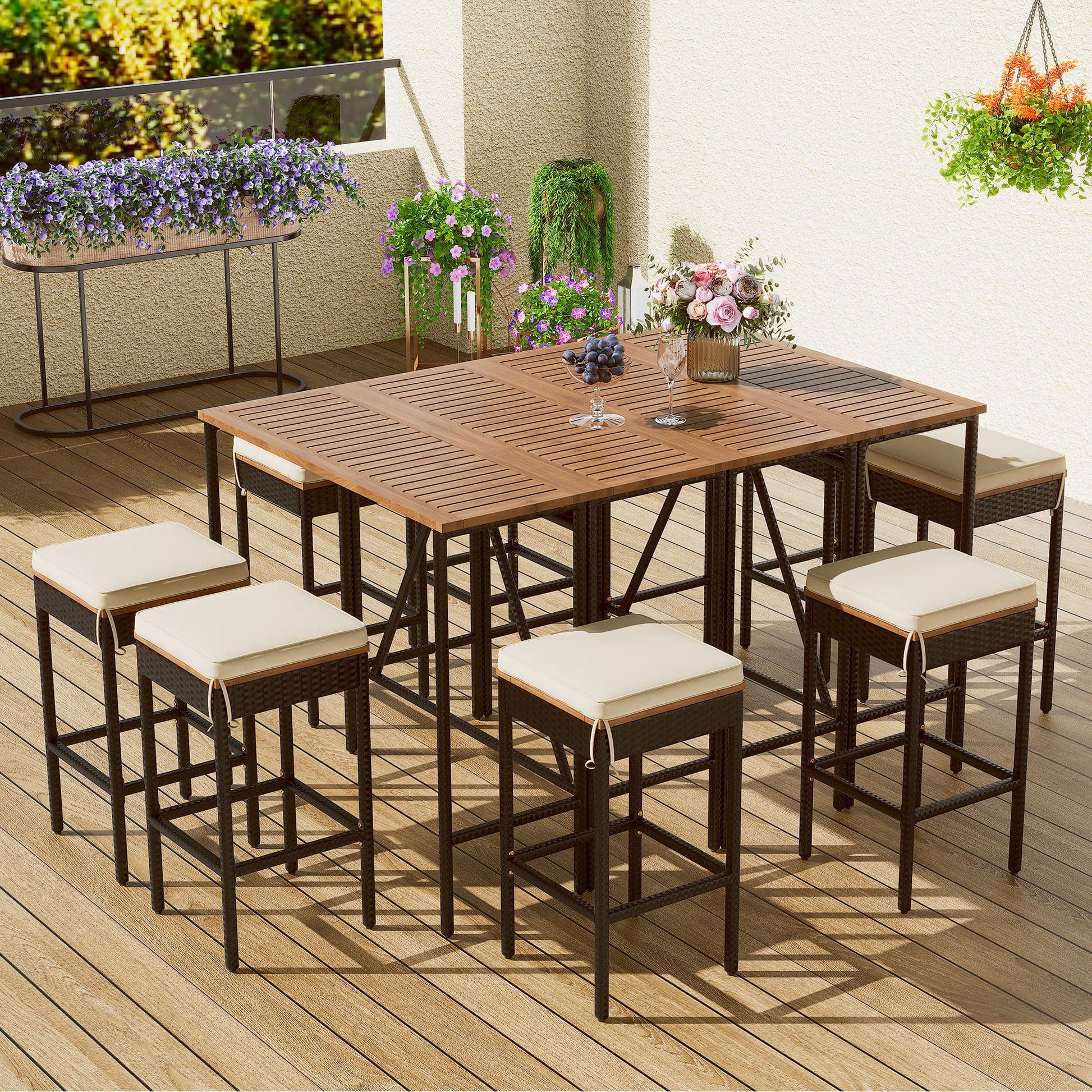 Outdoor Acacia Wood Bar Height Table and Eight Cushioned Beige Stools by HouseOfZazla on Tampa Home & Garden Store