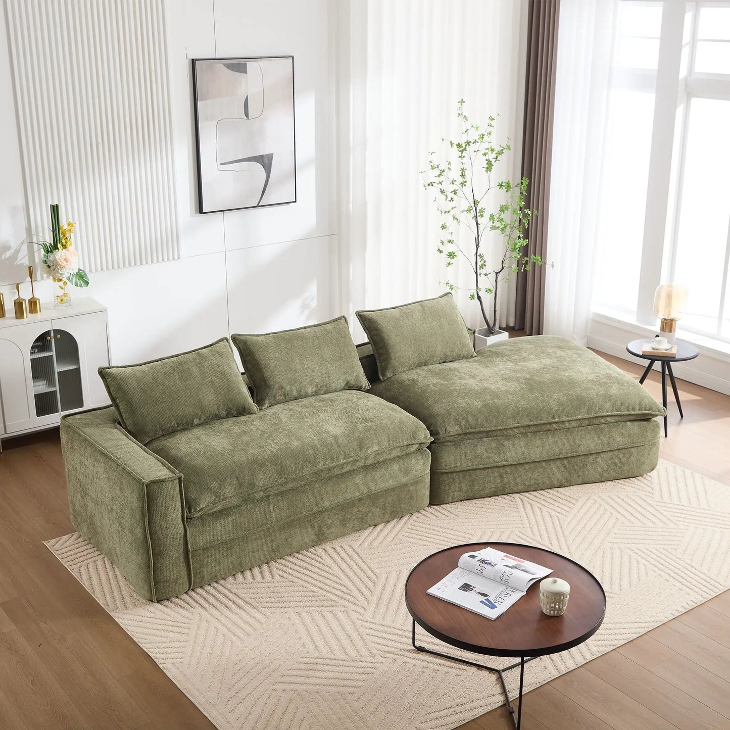 Olive green fabric stationary sectional sofa with deep seats and right-facing chaise on Tampa Home & Garden Store