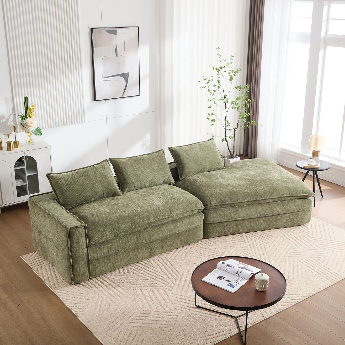 Modern Minimalist Modular Sectional Sofa in olive green fabric with right facing chaise on Tampa Home & Garden Store