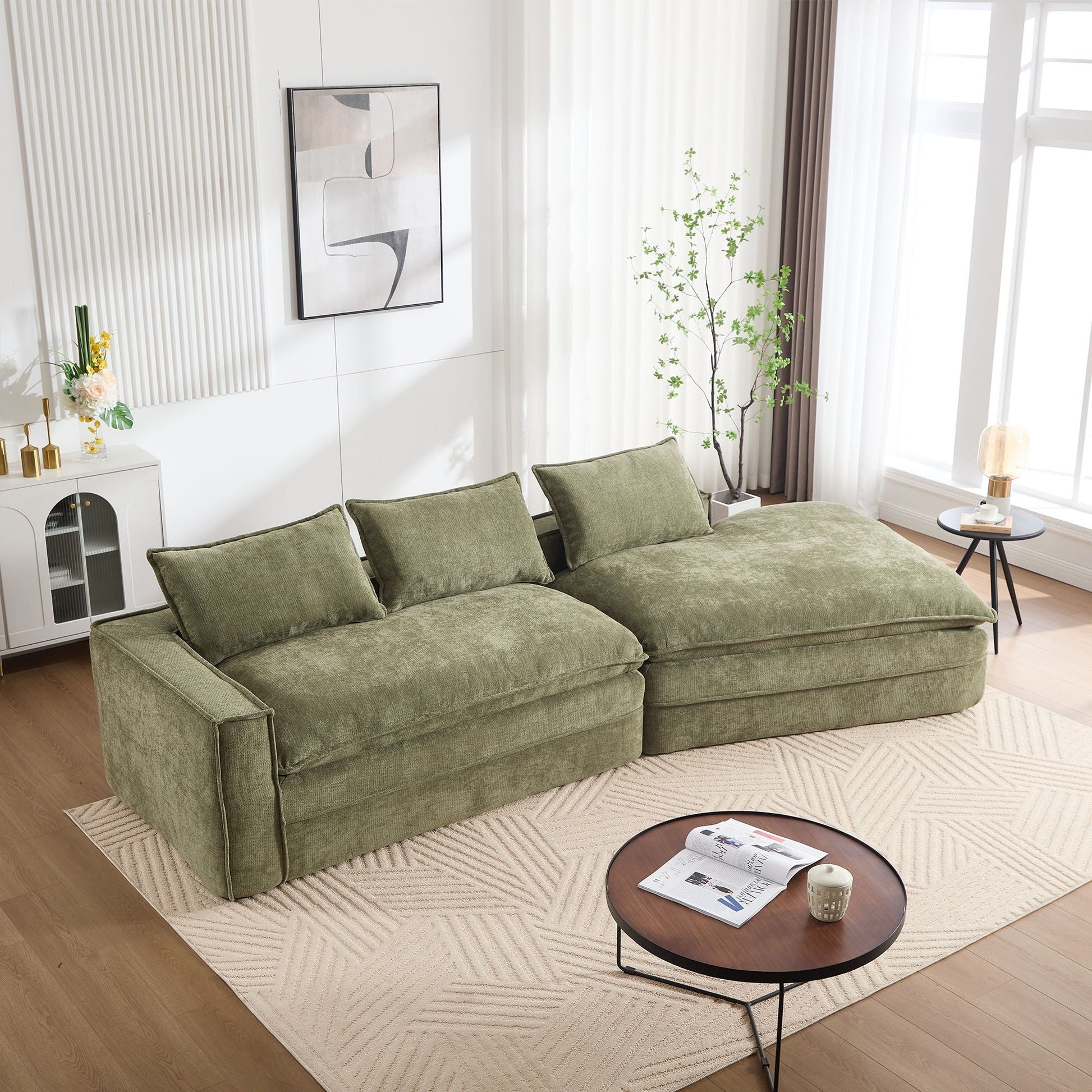 Modern Minimalist Modular Sectional Sofa in olive green fabric with right facing chaise on Tampa Home & Garden Store