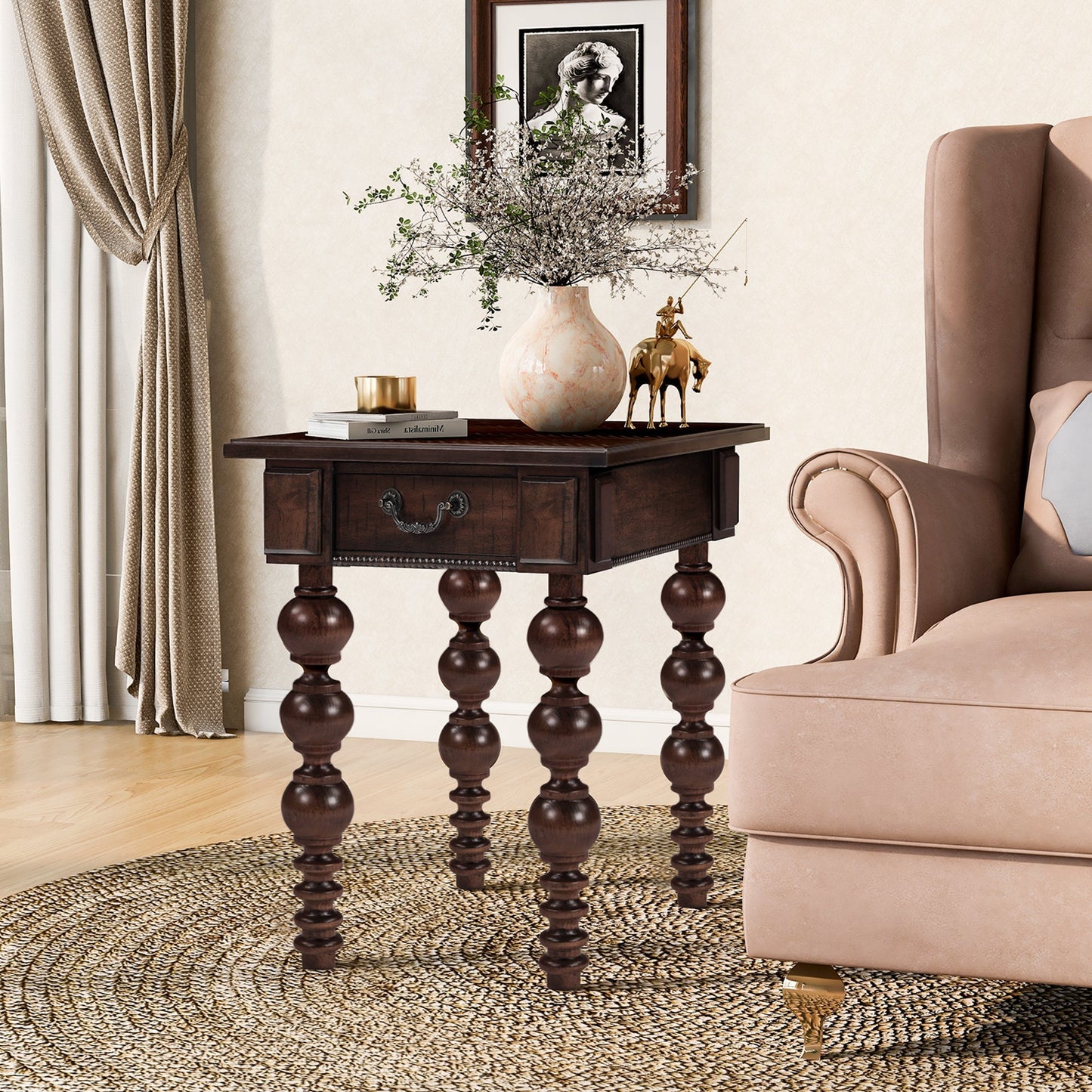 Solid wood end table with drawer in espresso finish, ornate turned legs, dark brown color on Tampa Home & Garden Store