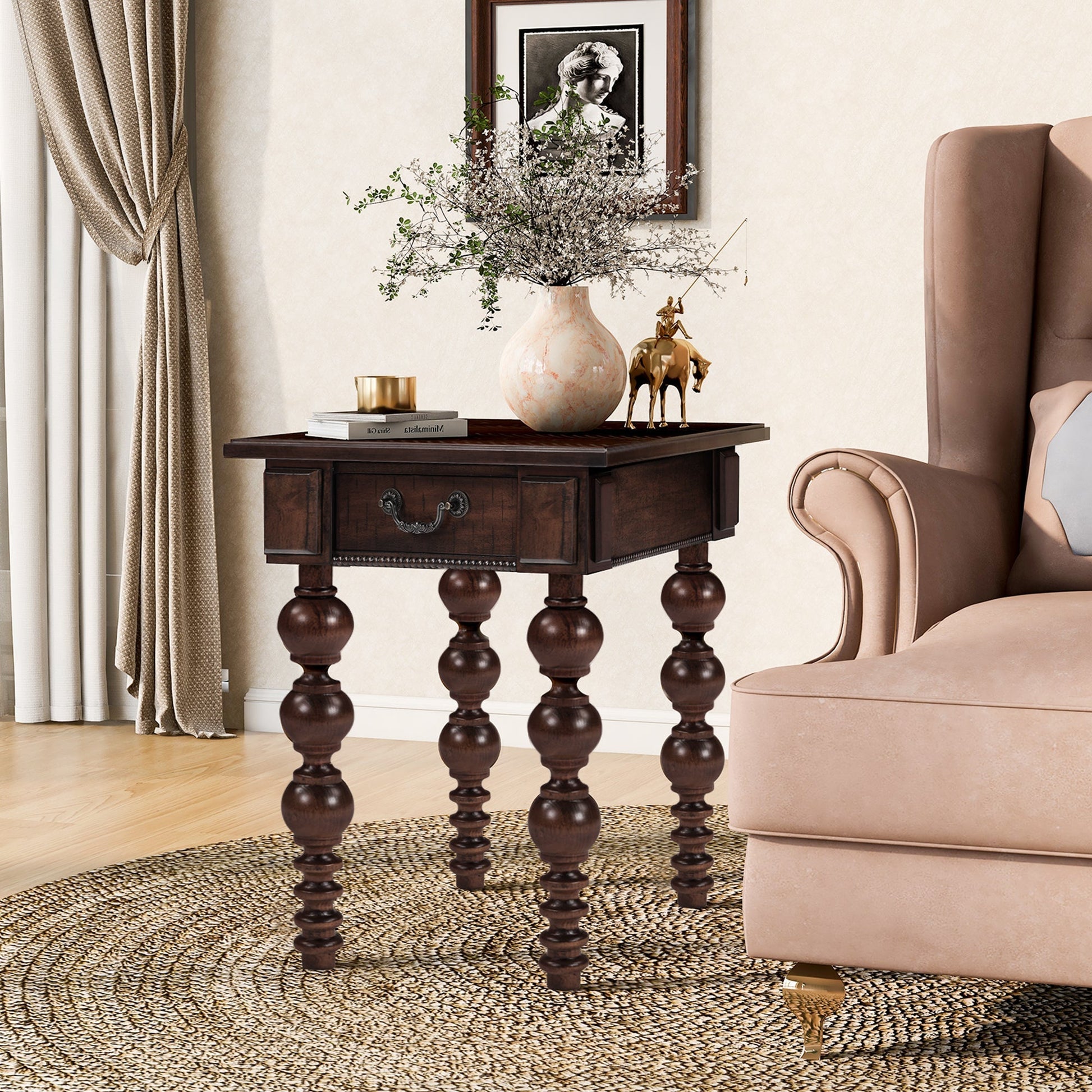 Solid wood end table with drawer in espresso finish, ornate turned legs, dark brown color on Tampa Home & Garden Store