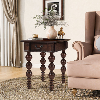 Solid wood end table with drawer in espresso finish, ornate turned legs, dark brown color on Tampa Home & Garden Store
