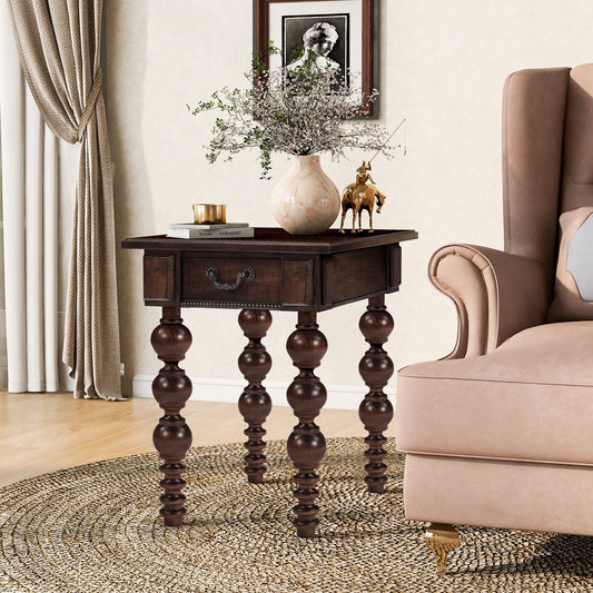 Solid wood end table with drawer in espresso finish, ornate turned legs, dark brown color on Tampa Home & Garden Store