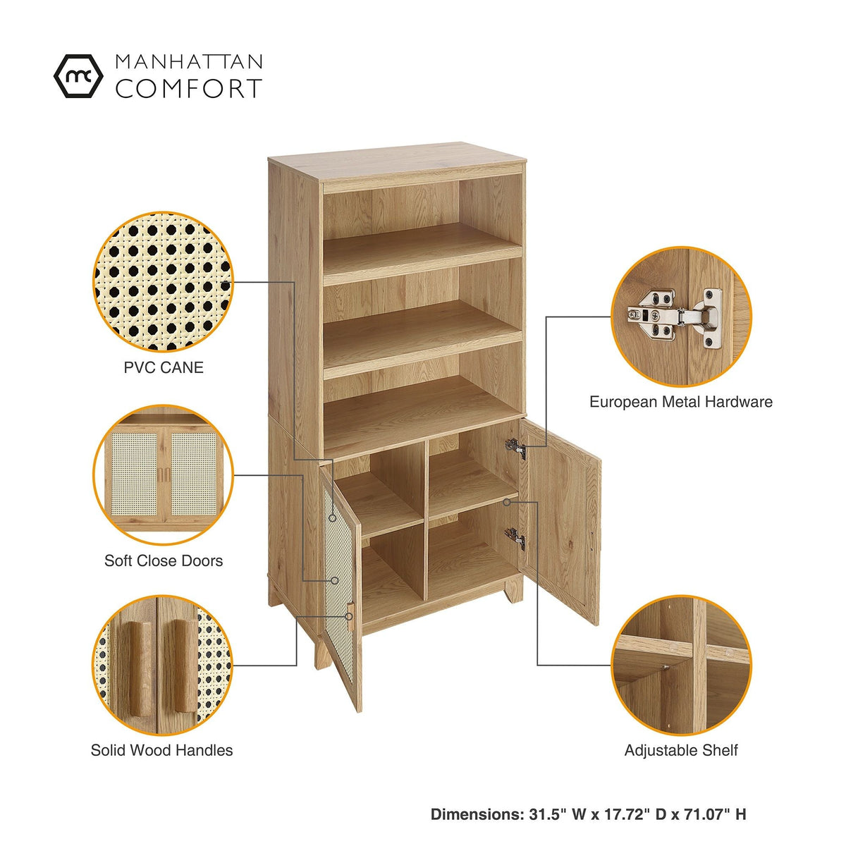 Manhattan Comfort Sheridan Bookcase Cabinet with Modern Cane, 7 shelves in light wood on Tampa Home & Garden Store
