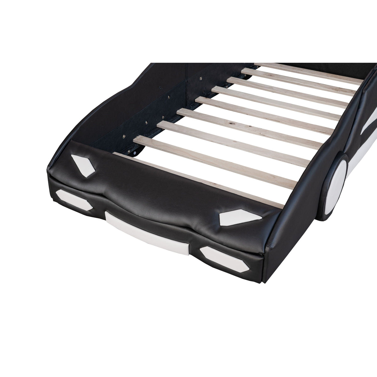 Race Car Shaped Twin Platform Bed with Wheels, black faux leather outer and pine slat base on Tampa Home & Garden Store