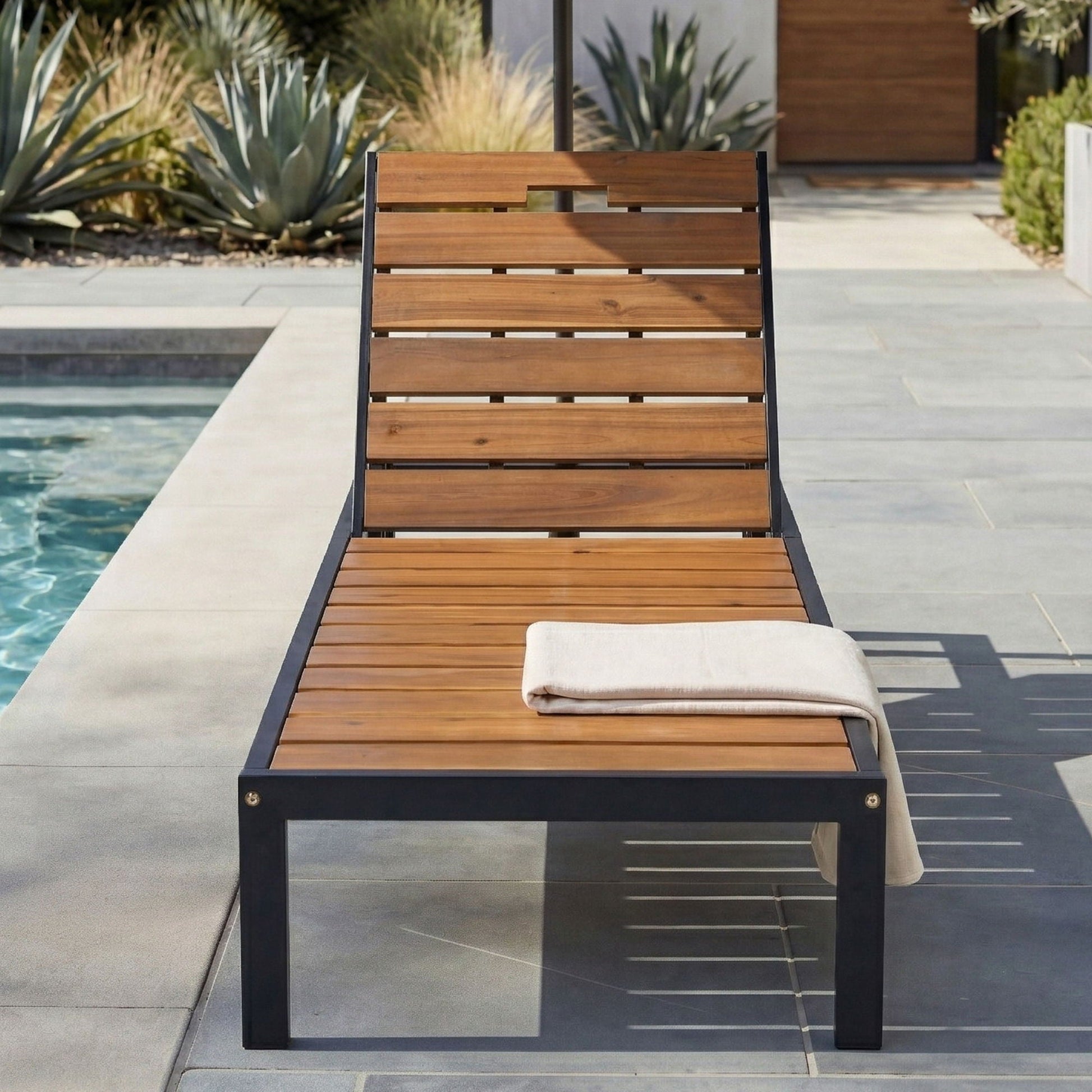 Outdoor chaise sunlounger HouseOfZazla with adjustable backrest, wood slats and black frame on Tampa Home & Garden Store