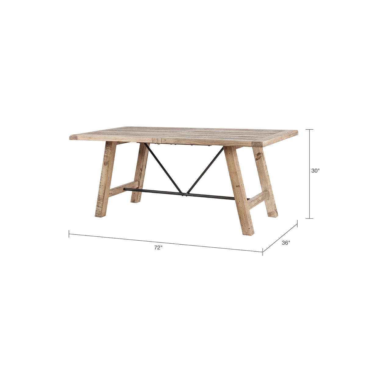 Rustic dining table natural pine finish with black metal cross supports on Tampa Home & Garden Store