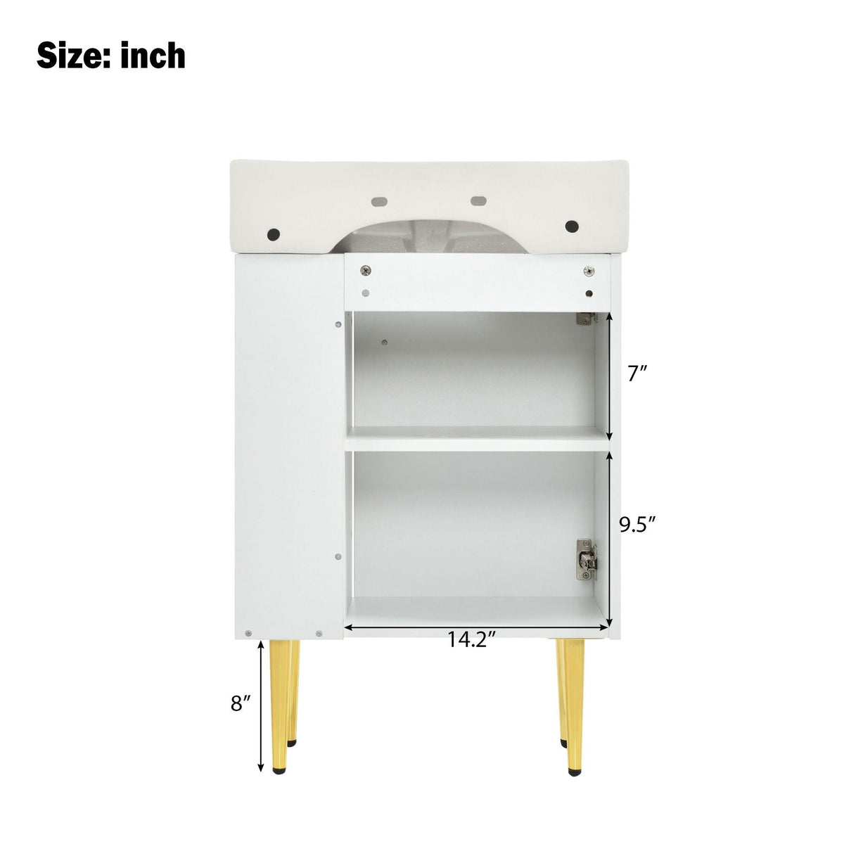 Bathroom vanity in white with open shelf and yellow legs on Tampa Home & Garden Store