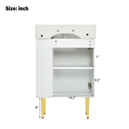Bathroom vanity in white with open shelf and yellow legs on Tampa Home & Garden Store