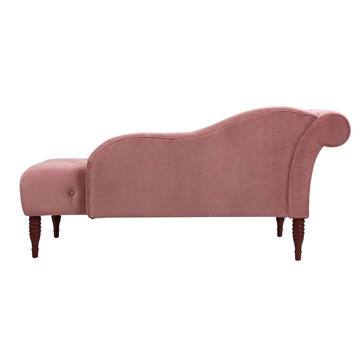 Tufted roll-arm chaise lounge in pink velvet with dark wood turned legs on Tampa Home & Garden Store