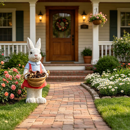 Charming hand-painted rabbit statue in blue shirt with red suspenders carrying a pinecone basket on Tampa Home & Garden Store