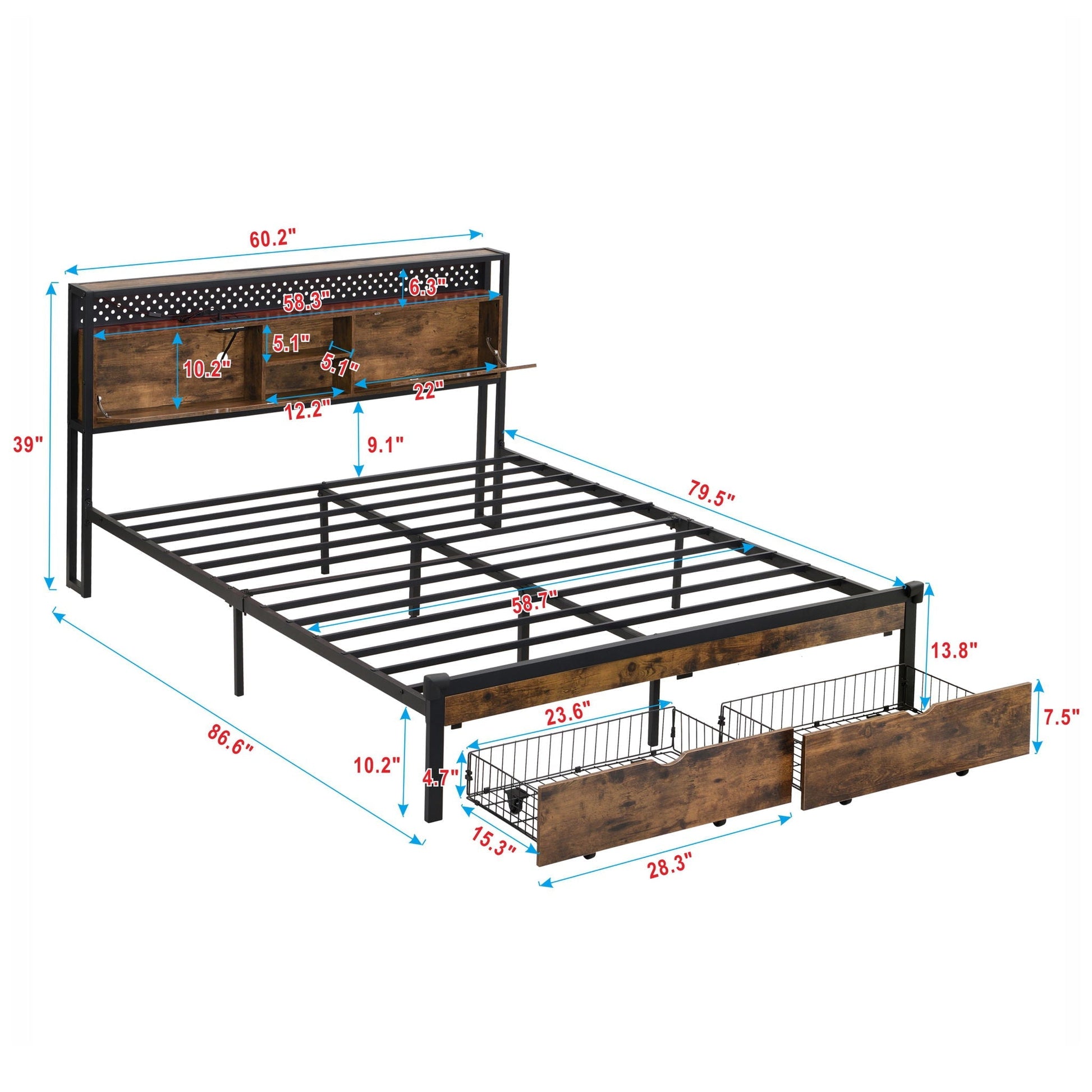 Platform bed with USB charging, LED lighting, and 2 drawers by HouseOfZazla on Tampa Home & Garden Store