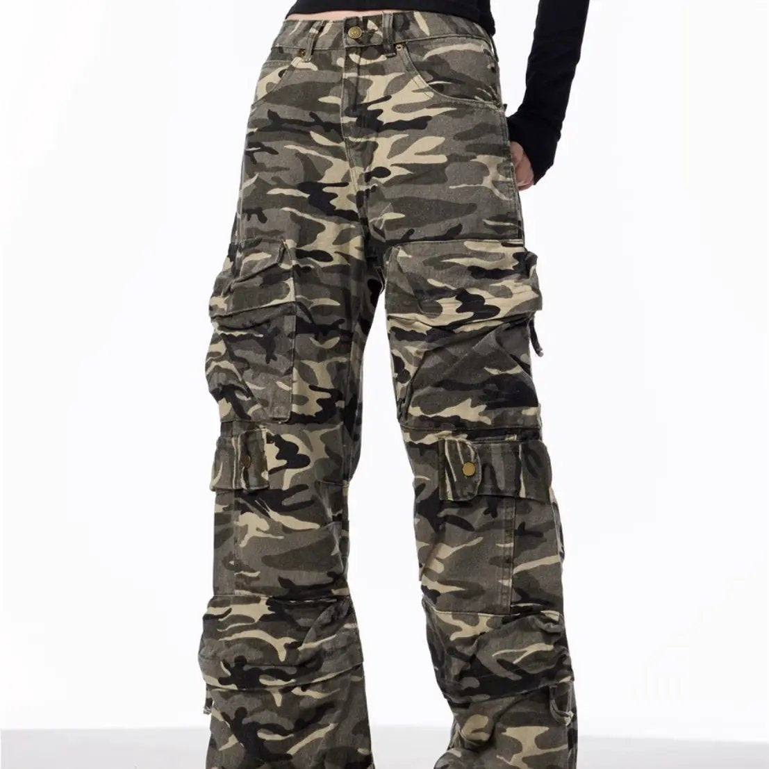 Camouflage cargo pants women's loose wide-leg jeans, FLIPSTYLEZLLC, camo cargo pockets on Tampa Home & Garden Store