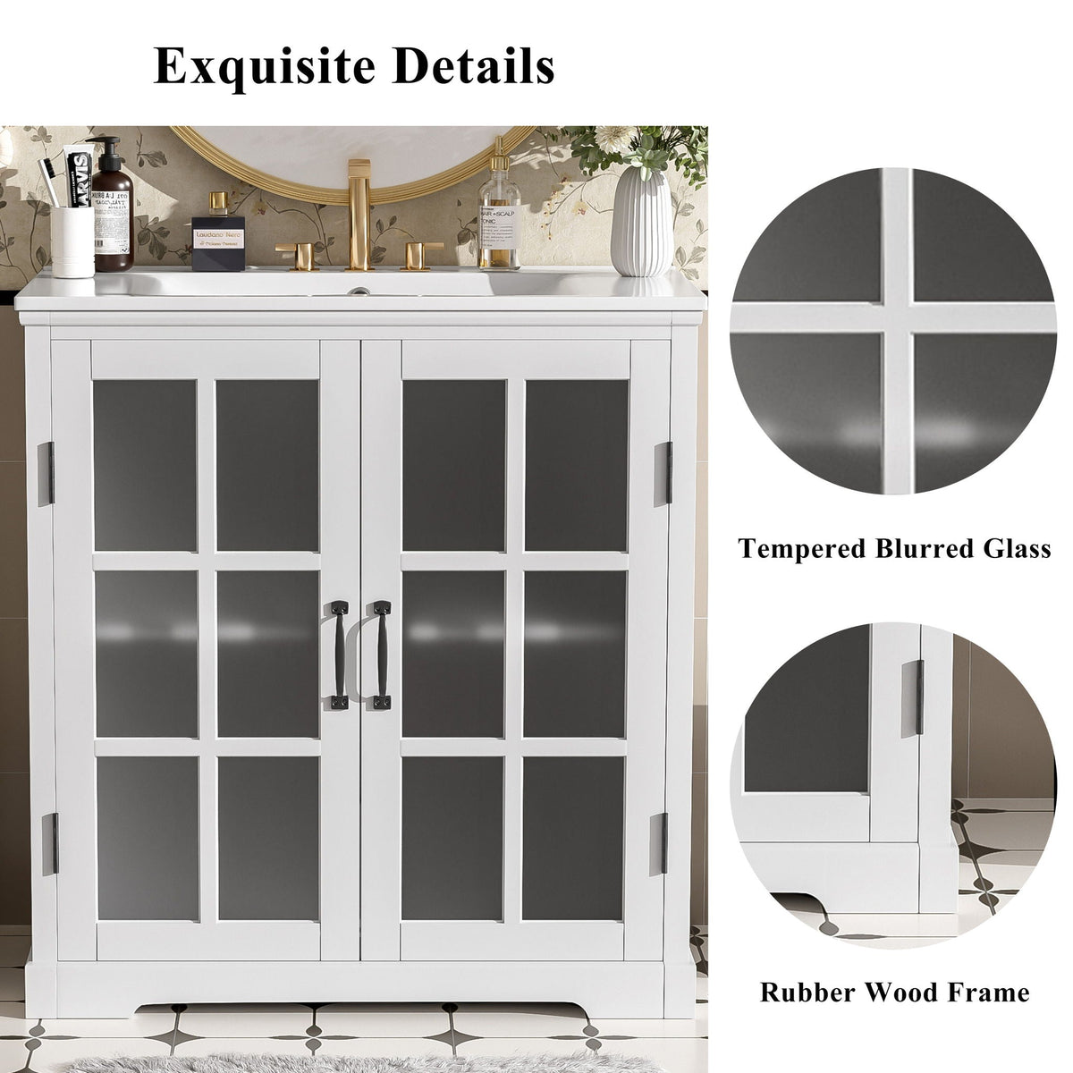 Modern bathroom vanity with ceramic sink, white frame and gold faucet, tempered glass doors on Tampa Home & Garden Store