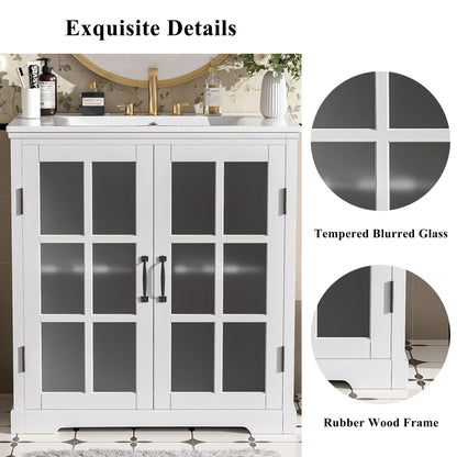 Modern bathroom vanity with ceramic sink, white frame and gold faucet, tempered glass doors on Tampa Home & Garden Store
