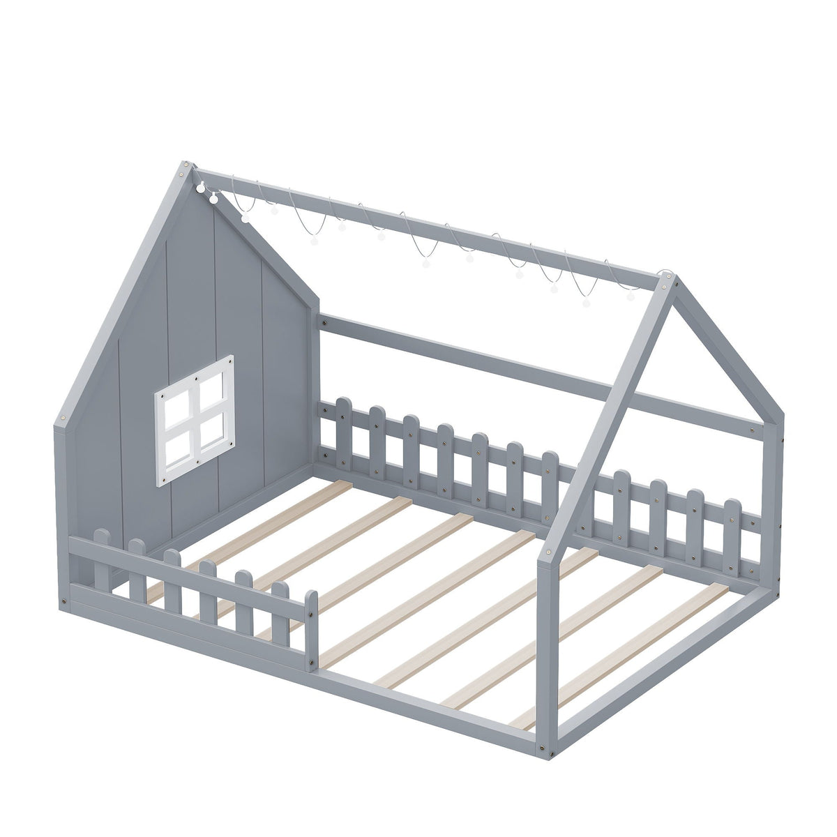 House bed with window and fence gray wood finish with string lights by HouseOfZazla on Tampa Home & Garden Store