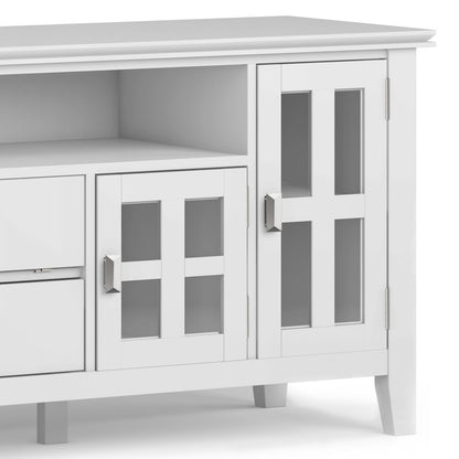 Artisan Solid Wood TV Stand with flip drawer, white finish, glass-pane cabinet doors on Tampa Home & Garden Store