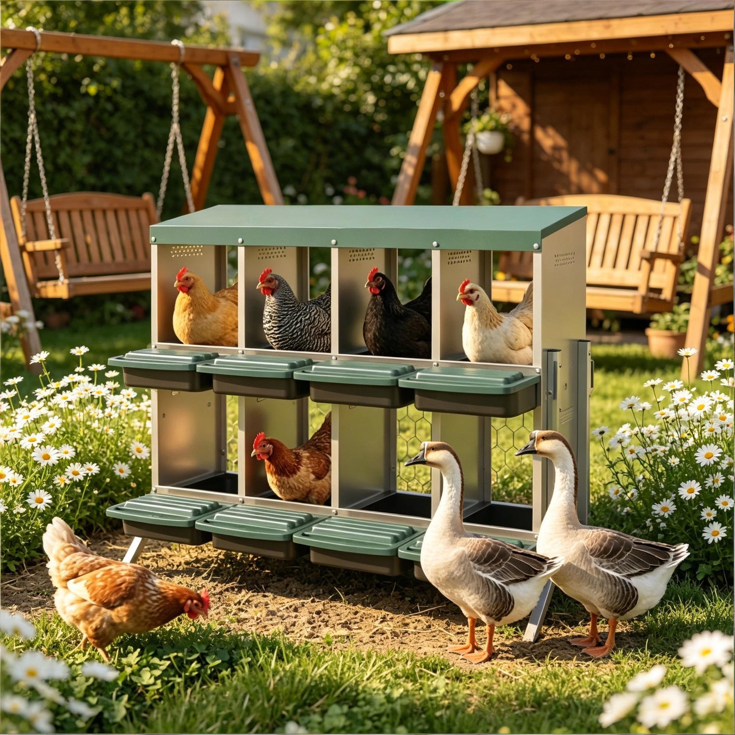 Egg Laying Boxes by HouseOfZazla metal nesting boxes with green lids for chickens in yard on Tampa Home & Garden Store
