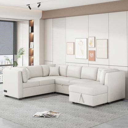 HouseOfZazla U-shaped sleeper sectional in cream fabric with storage chaise and USB ports on Tampa Home & Garden Store