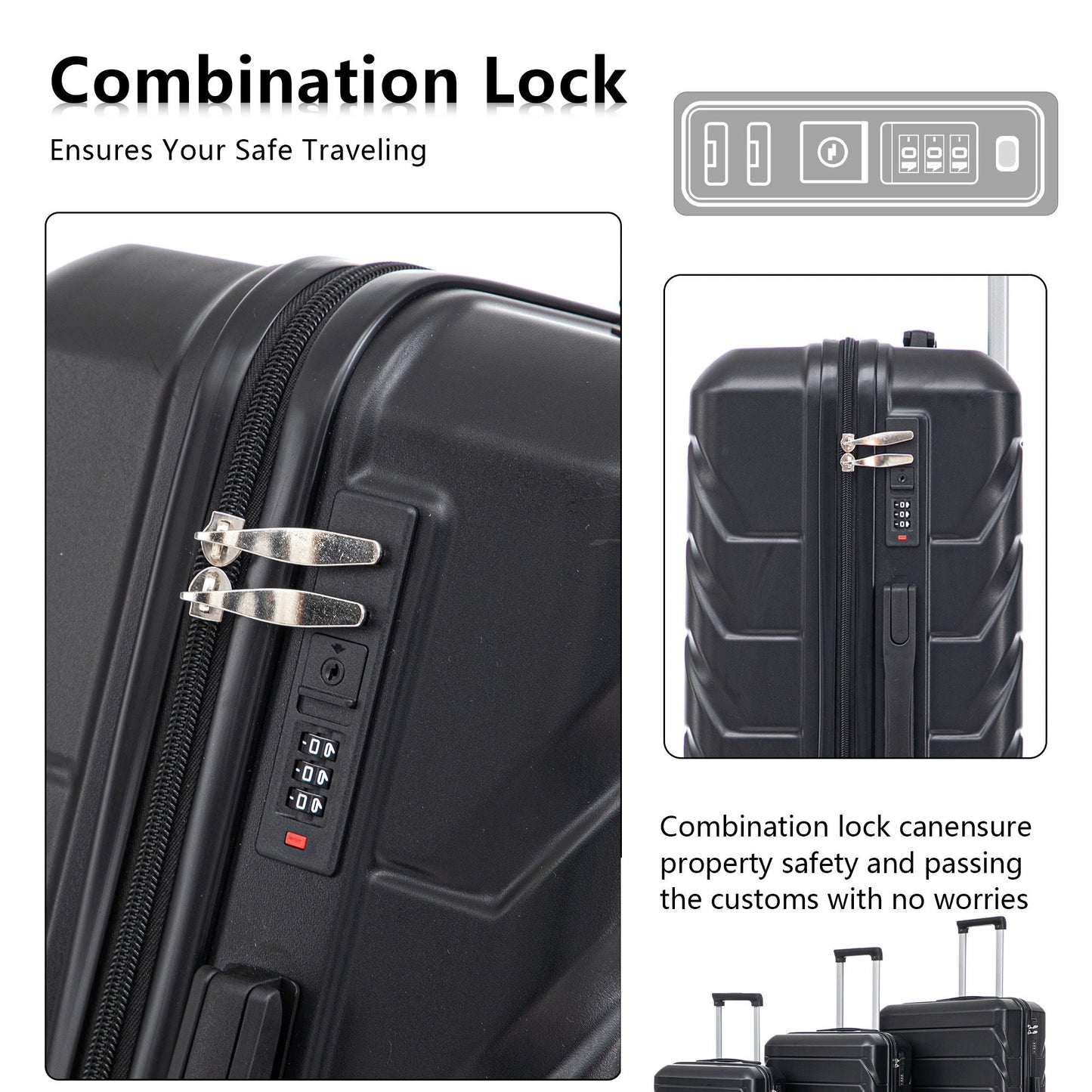 3-piece spinner luggage set 20/24/28 in black with built-in combination lock HouseOfZazla on Tampa Home & Garden Store