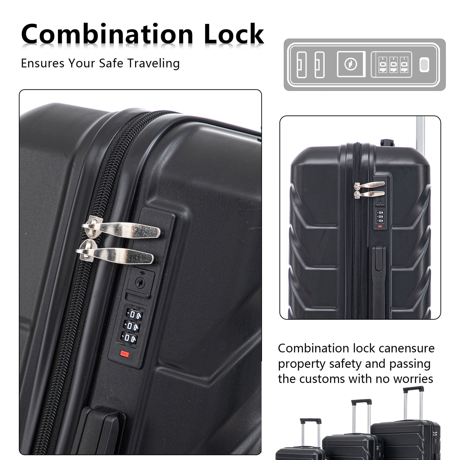 3-piece spinner luggage set 20/24/28 in black with built-in combination lock HouseOfZazla on Tampa Home & Garden Store