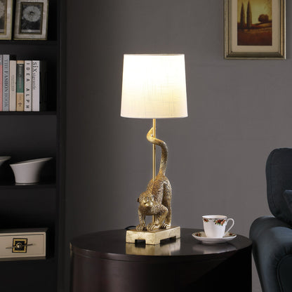 24-Inch Old World Gold Capuchin Monkey Polyresin Table Lamp by HouseOfZazla with a gold monkey sculpture and white fabric shade on Tampa Home & Garden Store