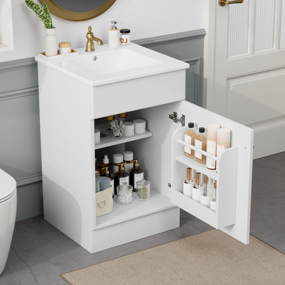 Bathroom vanity with sink by HouseOfZazla, white finish, brass faucet, adjustable shelves on Tampa Home & Garden Store