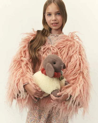 Large Wool Lamb Toy by Creating Comfort; plush gray head, cream fleece body with red collar on Tampa Home & Garden Store
