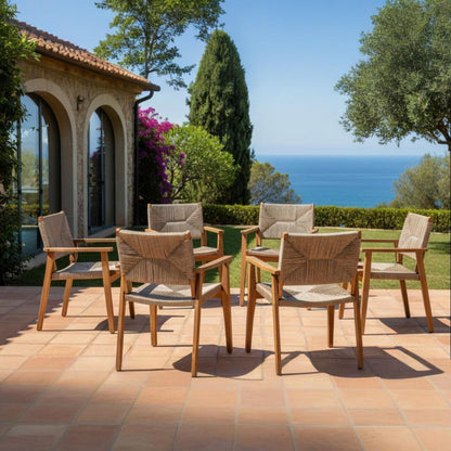 Outdoor dining chairs set from HouseOfZazla with acacia wood frames and wicker seats on tiled patio on Tampa Home & Garden Store