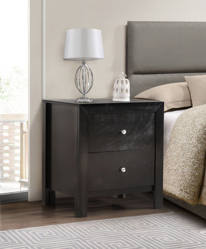 Charming two-drawer nightstand in black wood finish with silver knobs on Tampa Home & Garden Store