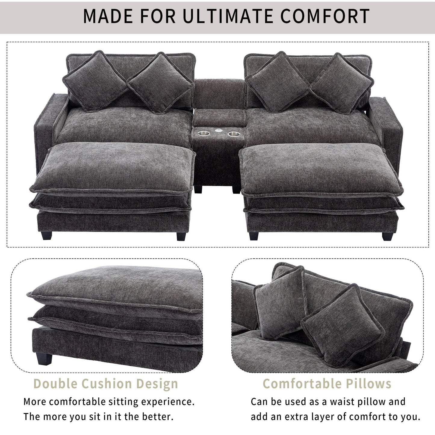Modern sectional sofa with removable ottomans in gray fabric HouseOfZazla on Tampa Home & Garden Store
