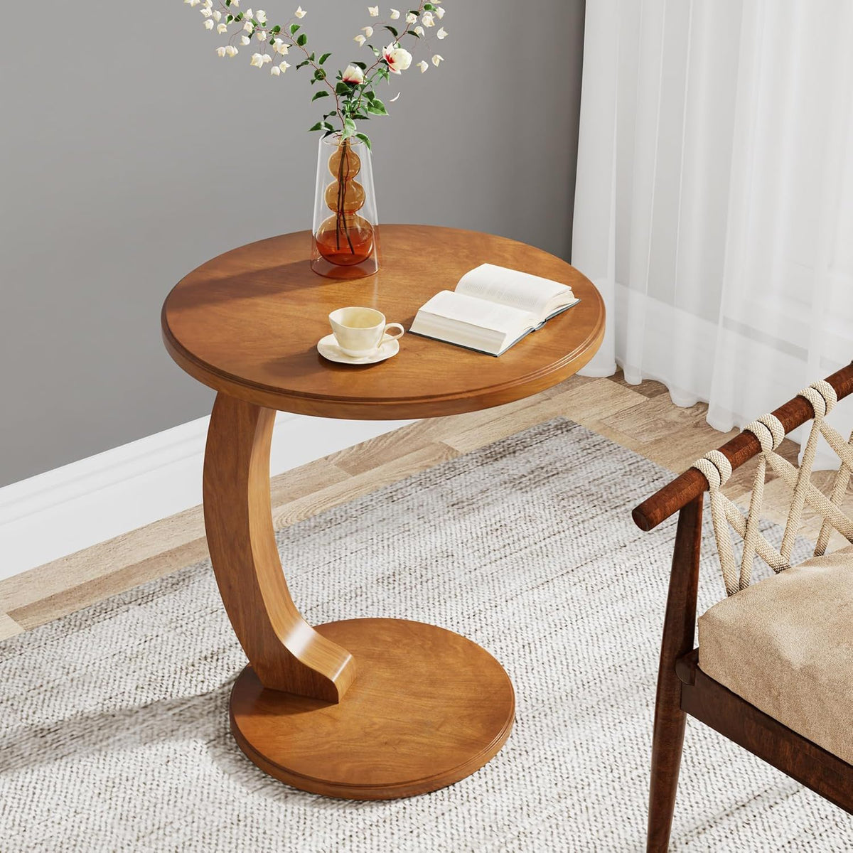C-shaped brown wood end table with round top and curved base, HouseOfZazla chair side table on Tampa Home & Garden Store