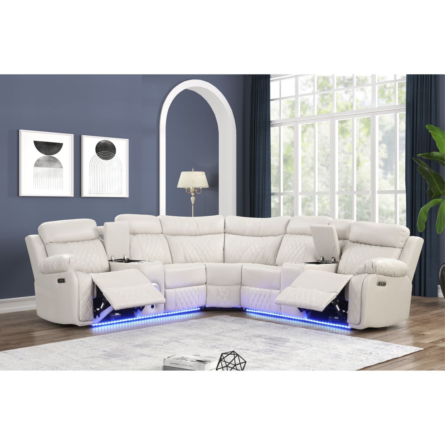 Lacrosse Power Reclining Sectional Sofa in ivory white leather with backs and chaise longue on Tampa Home & Garden Store