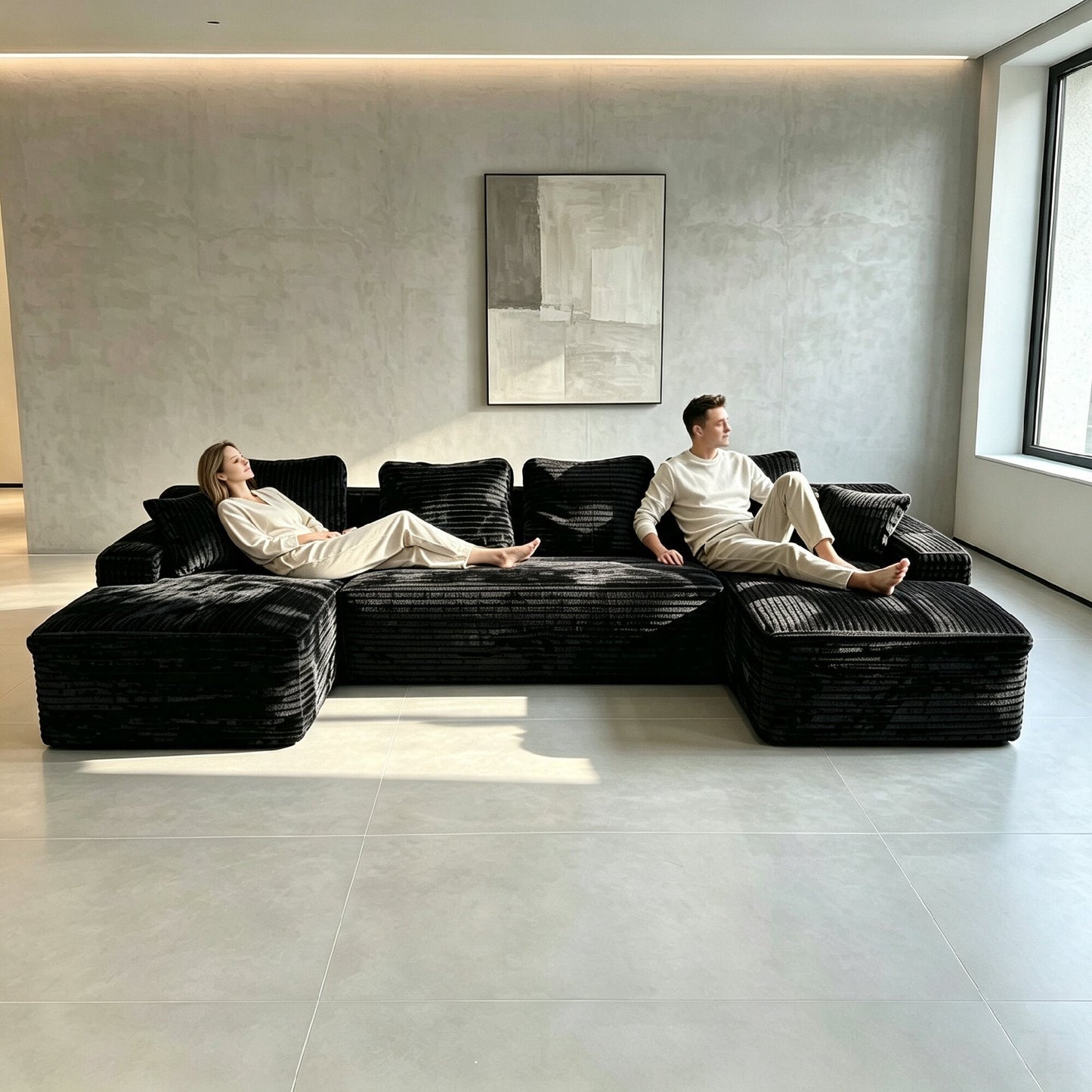 131-Inch Modular Sectional Oversized Sofa in black striped fabric with two loungers in a modern living room on Tampa Home & Garden Store