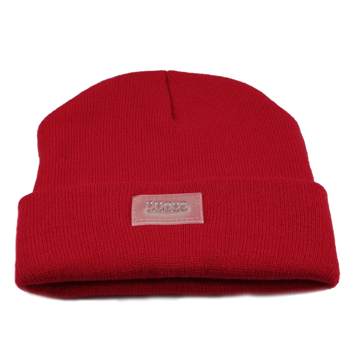 Unisex knit beanie with 5-LED headlamp panel in red on Tampa Home & Garden Store