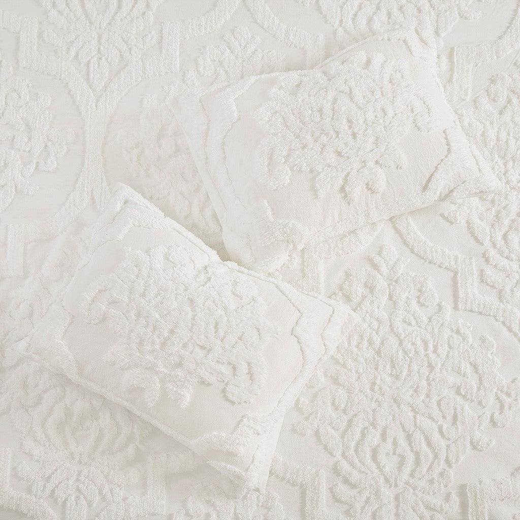 King/Cal King 3 Piece Tufted Cotton Chenille Damask Duvet Cover Set Off-White HouseOfZazla on Tampa Home & Garden Store